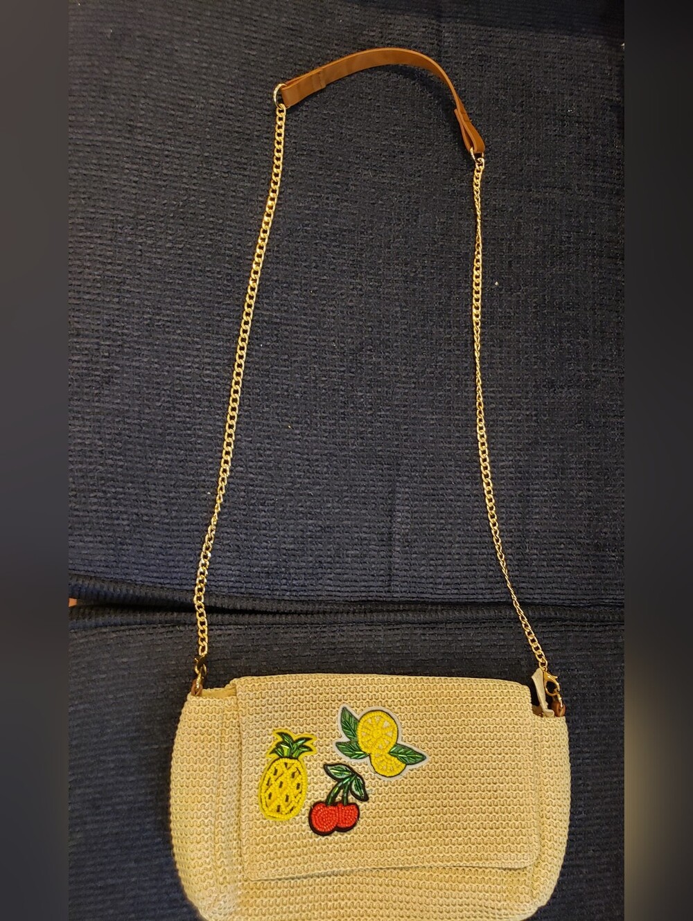 Straw Woven Crossbody Bag with Fruit Patch - Cream